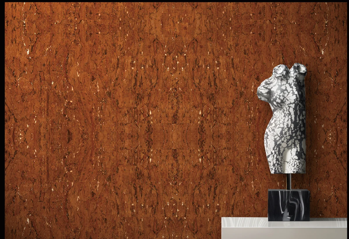 Natural cork wallcovering — organic cork bark texture in warm honey and amber tones