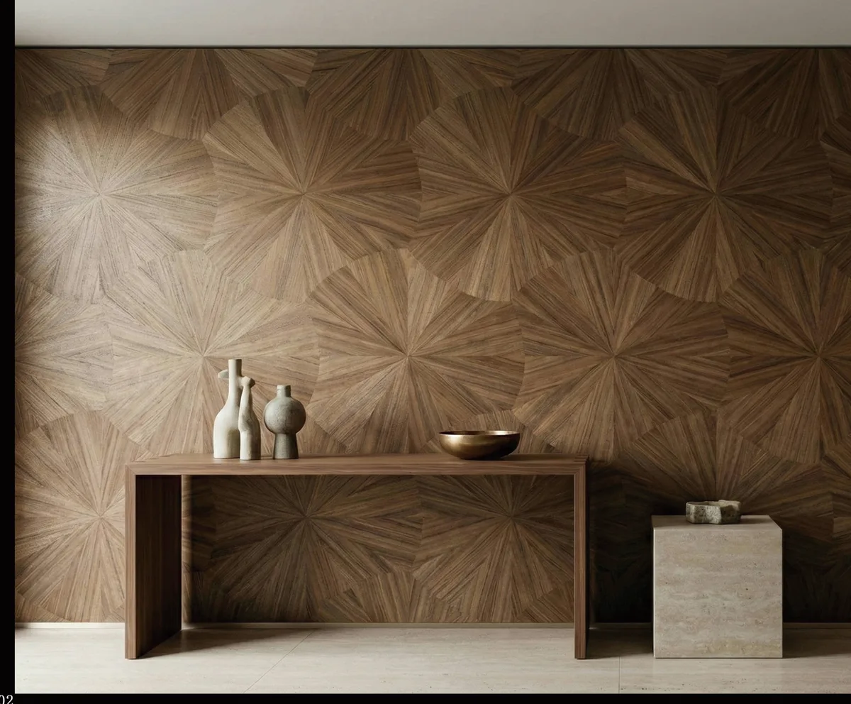 Natural wood veneer wallcovering — real wood grain texture in rich walnut tones on flexible backing